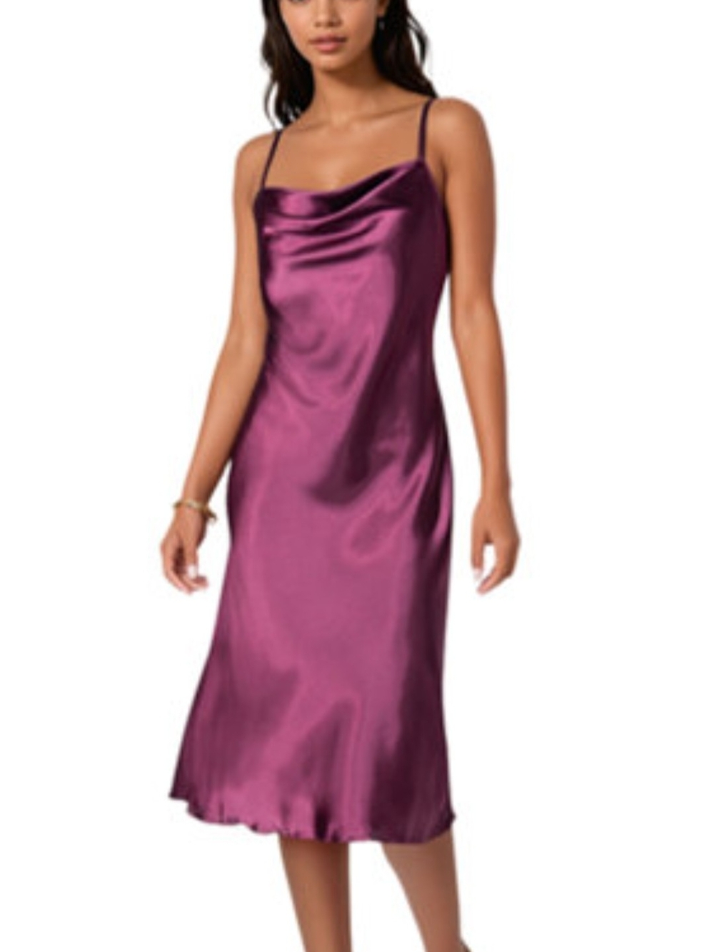 bebe Satin Cowl Slip Dress in Plum
